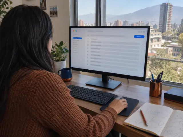 Persona frente a una bandeja de correo en pantalla, revisando borradores antes de aprobarlos