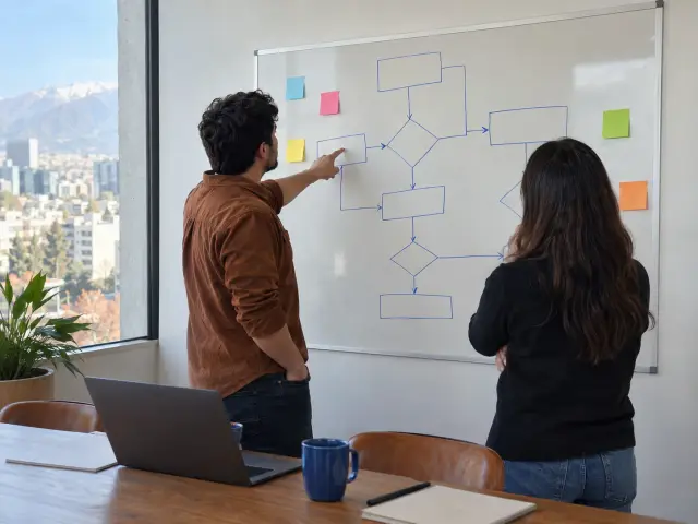 Pizarra con un diagrama de flujo dibujado a mano y dos personas señalando un paso