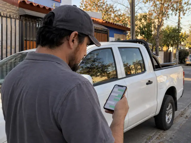 Técnico con jockey junto a su camioneta blanca leyendo en el celular una conversación de chat