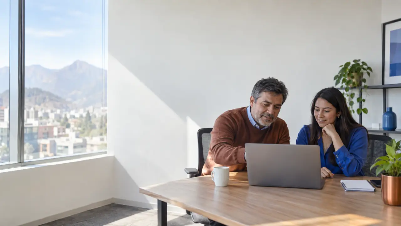 Dos personas en una oficina de Santiago revisando juntas un notebook, con los cerros de fondo por la ventana