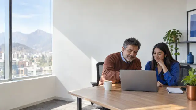 Dos personas en una oficina de Santiago revisando juntas un notebook, con los cerros de fondo por la ventana