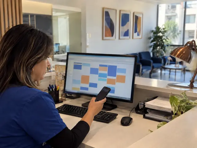 Recepción de una consulta médica pequeña con la agenda en pantalla